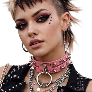 Goth Pink Spiked O Ring Choker Punk Spiked Leather Collar Festival Adjustable